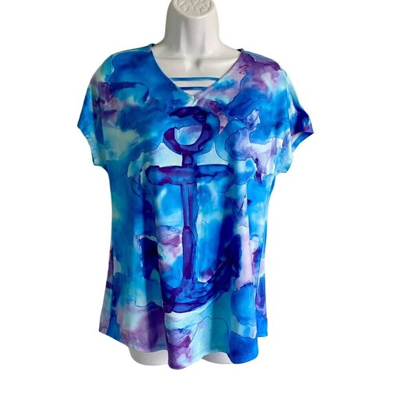 Art & Sol Colorful Anchor Print Short Sleeve Top Women's Small NEW - Picture 2 of 9